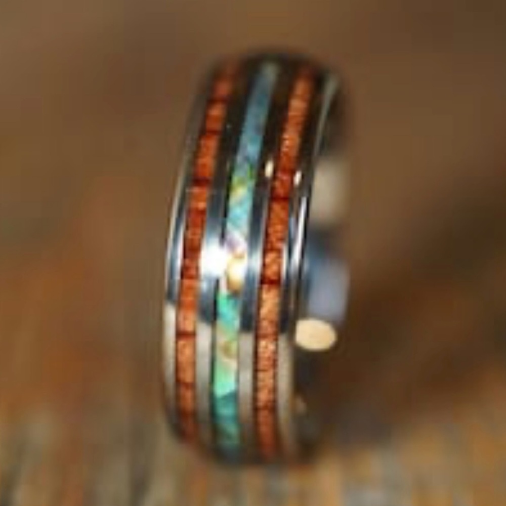 NWOT - Koa Wood Ring, Abalone Shell/Blue Inlay, Tungsten Ring - Size 6